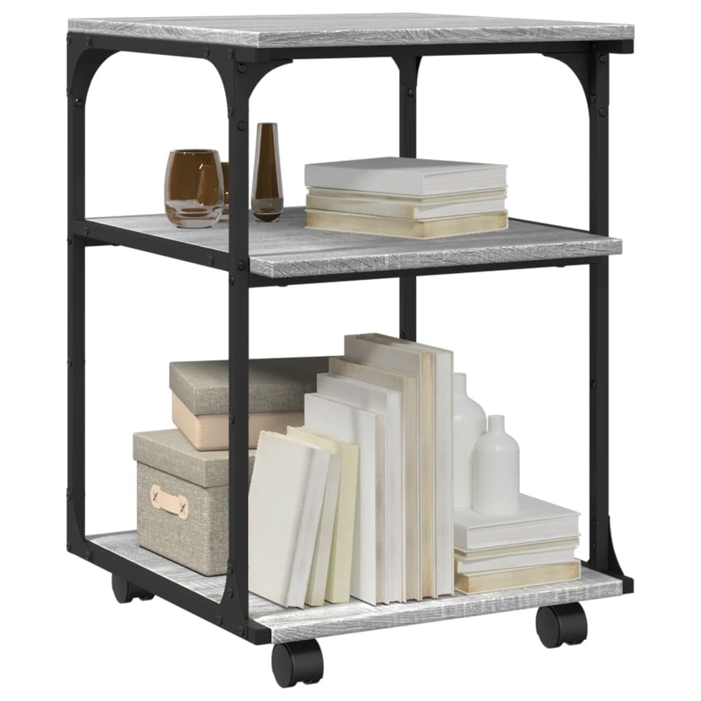 Soporte para impresora 3 estantes gris Sonoma 43 x 48 x 64 cm de material de madera con marco de acero, estantería para impresora con ruedas (2 bloqueables), organizador multifuncional para