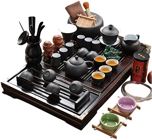 ufengke Chinese Yixing Zisha Tea Set White Inside,Ceramic Kung Fu Purple Clay Tea Set With Wood Tea Tray,For Gift And Household,Office