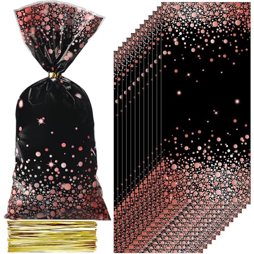 Censen 100 Sets Cellophane Party Bags with Ties, Black Rose Gold