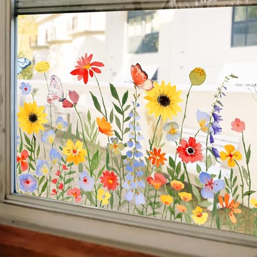 Colorful Floral Bouquet Window Film Eco-Friendly Reusable & Removable Flower Clings Double-Sided Anti-Collision Decor Home & Office Green Decor Solution.