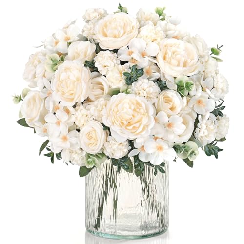 2 Bundles White Peonies Artificial Flowers Silk Flower Centerpieces for Tables Fake Flower Arrangements Bouquets Mixed Roses Hydrangea with Stems for Wedding Bridal Bouquets Home T image 6