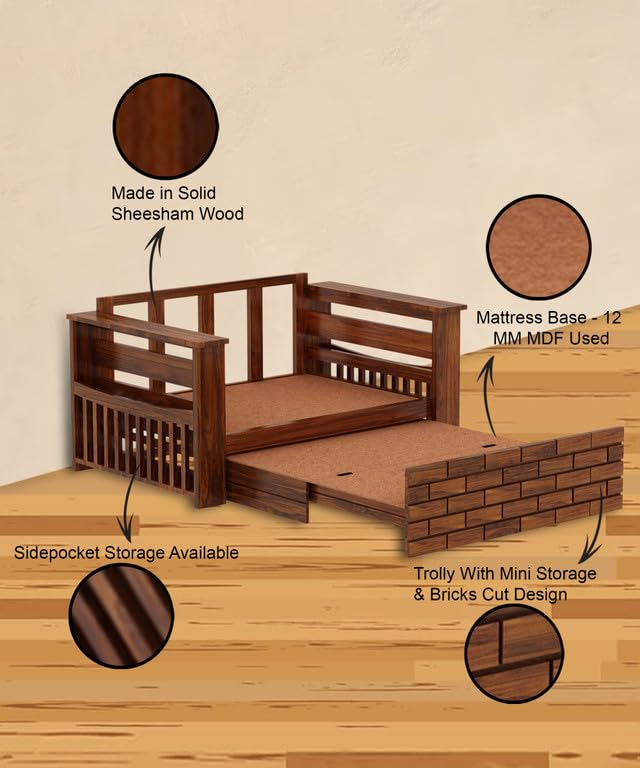 Image of Solid Sheesham Wood Sofa Cum Bed 2 Seater | Wooden Foldable Double Bed for Living Room with Headboard & Storage | Bed Cum Sofa with Mattress for Bedroom Furniture (Honey Finish)