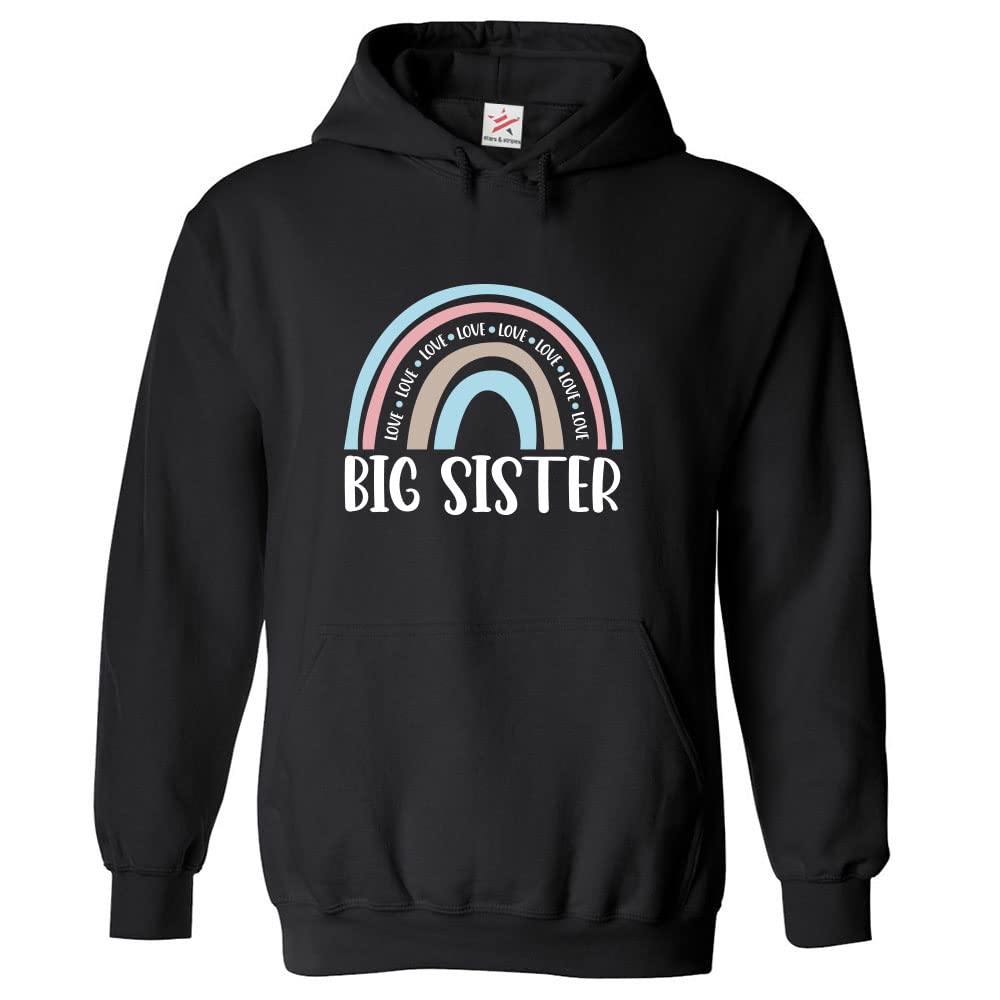Stars and Stripes Big Sister Women Girls Kids Pullover Hoodie For Big Sis (2XS, Black, 9_11 Years)