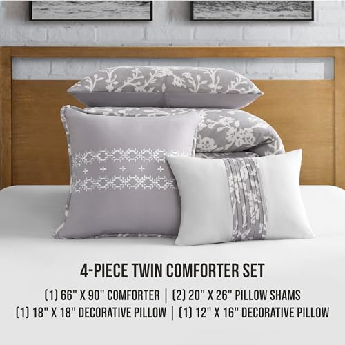 Lucky Brand Fiora Floral Grey Comforter Set with Pillows - Twin/Twin XL Size - 4 Piece Luxurious Bedding Ensemble