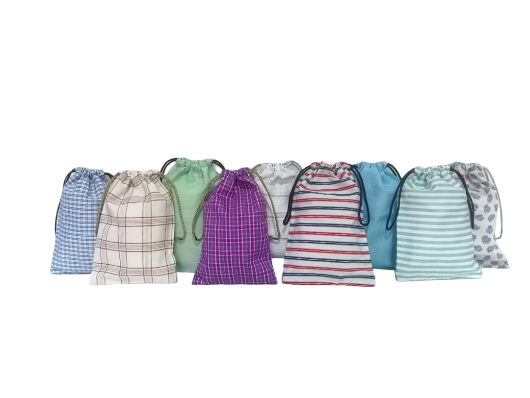 Cu’rah Upcycled Cotton Drawstring Potli Pouch Combo (Pack of 9) | Handmade Fabric Bags for Travel, Makeup, Gifting, Festive & Organised Living | 5.5 x 8.5 Inches-image-45
