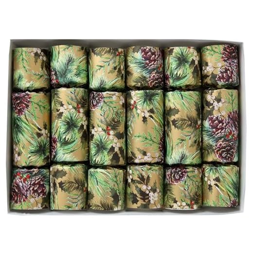 Olde English Crackers Elegant Pine Christmas Party Favors - Pkg of 6, Each 10 inch Decorative Favor Contains a Tissue Paper Party Hat, Silly Joke or Riddle and a Small British Theme Novelty Item