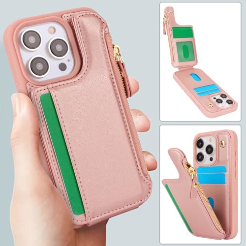 Image of Cavor for iPhone 13 Pro Case with Card Holder,for iPhone 13 Pro Wallet Case for Women Men,Leather Magnetic Clasp Zipper Pocket Protective Phone Cover-Rose Gold