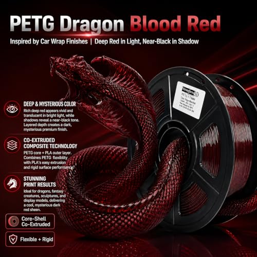 Image of PETG Filament 1.75mm, Dragon Blood Red, Co-Extruded Core-Shell 3D Printer Filament, PETG Core with PLA Coating, Glossy Dark Red Black Filament for FDM 3D Printing, 1kg Spool