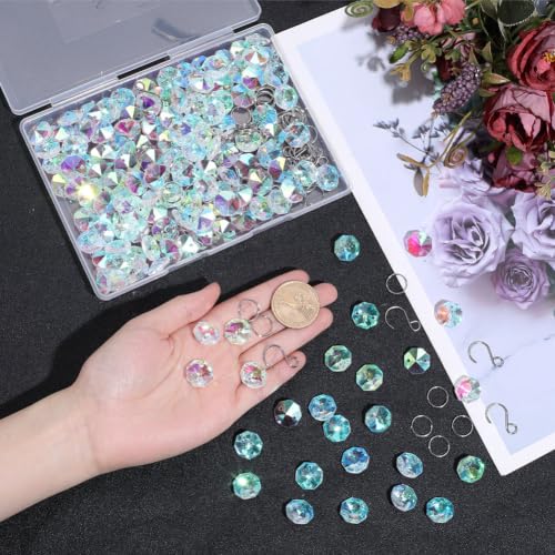 SOFPLATE 1 Box 240Pcs Crystal Suncatcher Making Kit 150Pcs 14mm AB Octagon Glass Crystal Beads with Iron Split Rings Stainless Steel Hooks Chandelier Crystal Parts for DIY Hanging Home Decorations - Image 3
