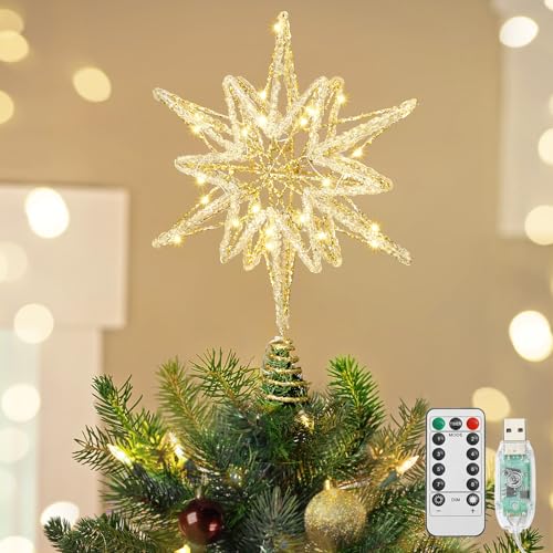 Luxspire Weihnachtsbaumspitze, beleuchtet Stern Baumspitze mit USB Plug-in&Fernbedienung, 9,8" LED Metall Dekorationen Licht… – Ansicht 1
