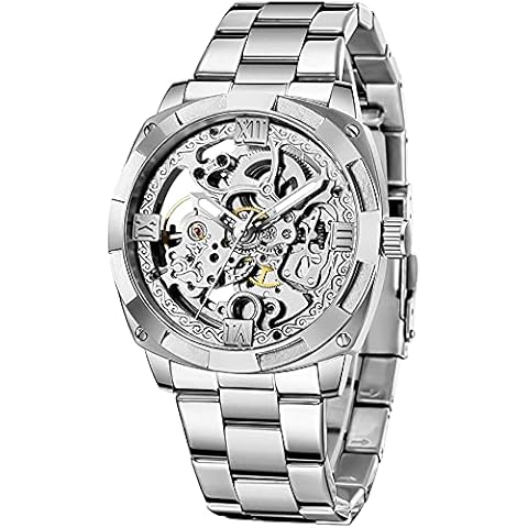 Skeleton Automatic Steampunk Watches Gold-Tone Luminous Hands Leather Strap Wrist-Watch (Silver Silver) Cover