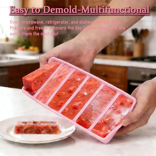 Image of 1 /2 Cup Covered Silicone Freezer Tray, 2-Piece Set Of Silicone Freezer Molds, Used For Preparing And Freezing Various Sauces And Other Dishes, Making 12 Portions Cube Pink