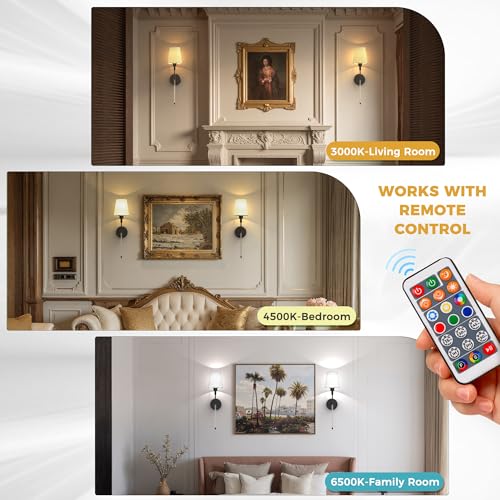 Image of DORESshop Battery Operated Wall Sconce Set of 2, Wall Light Wireless Easy to Install, Dimmable and Adjustable Sconce Wall Decor, Rechargeable Wall Lamp for Bedroom, Living Room, Black and Glass 24.6in