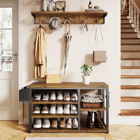Aiho Hall Tree with Bench, 4 in 1 Coat Rack Set, Industrial Bench with 5 Hooks, 5 Storage Shoe Cubbies, for Entryway, Hallway, Rustic Brown Cover