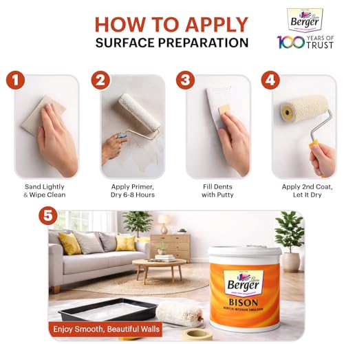 Image of BERGER Bison Interior Emulsion Paint for Walls and Ceilings with Anti-Fading Properties Acrylic Based Washable & Durable Rich Smooth Matt Finish (1Ltr, White)