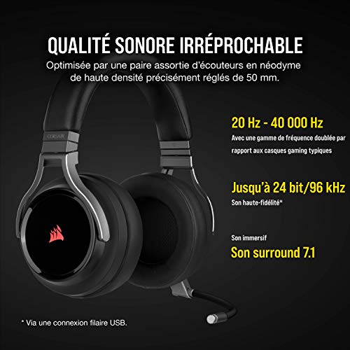 Casque de jeu haute fidélité sans fil Corsair Virtuoso RGB (son surround 7.1, microphone omnidirectionnel compatible PC et PS4) Carbon, Noir