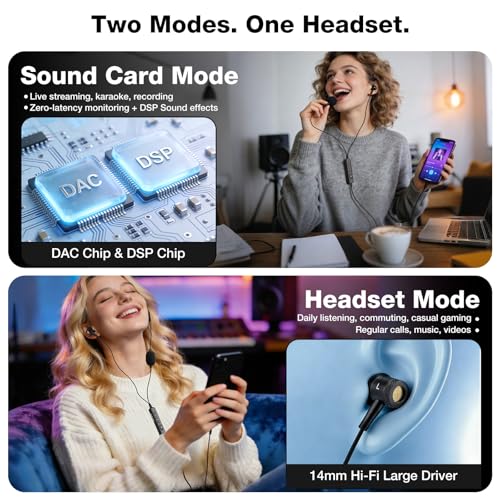 Image of KM08U Sound Card Karaoke Headset with in-Ear Monitoring, Voice Changer, Noise Reduction, Portable All-in-One Karaoke Headphone with Mic, Plug & Play Wired Earbuds for Streaming Recording Singing