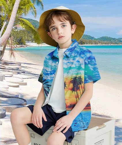 Image of uideazone Boys Hawaiian Shirts Novelty Printed Funky Short Sleeve Button Down Shirt Kids Aloha Luau Shirt 7-14T