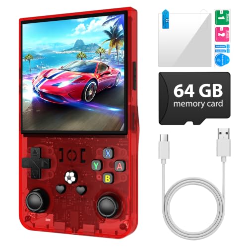 Image of R36MAX Retro Handheld Game Console, 64GB Retro Gaming Console with 4.0 Inch Screen, Portable Video Game Consoles with 4000mAh Battery and Multiple Emulators, Open Linux System (Transparent Red)