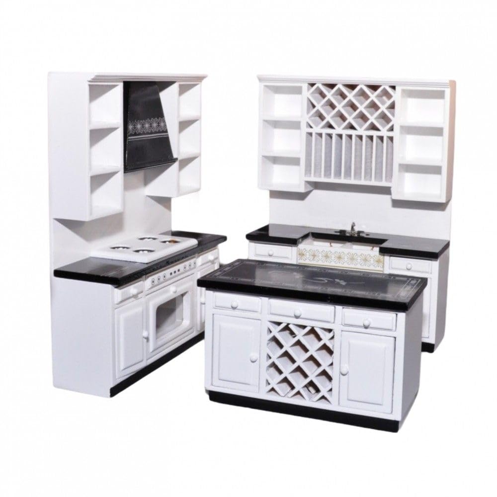 Dolls House Luxury Kitchen Set, 1:12 Scale, Black and White, Double Sink Unit, Oven and Hob Unit, Free-Standing Island