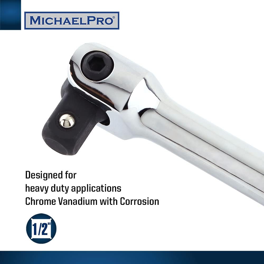 MichaelPro MP007003 1/2" Drive Extension Breaker Bar/Flex Handle, 18” Length, Connect Your Ratchet with this Breaker Bar, Rotating Flex Head (18” Length)