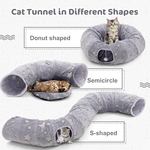 Cat Tunnel Bed 3 FT Collapsible Cat Tunnels, Cat Donut Tube with Fluffy Toy Balls, Pom Pom Ball & Cat Mice Cat Toy, Self-Luminous Peekaboo Cat Cave for Large Cats, Small Animals, Puppy, Kitten - Image 3