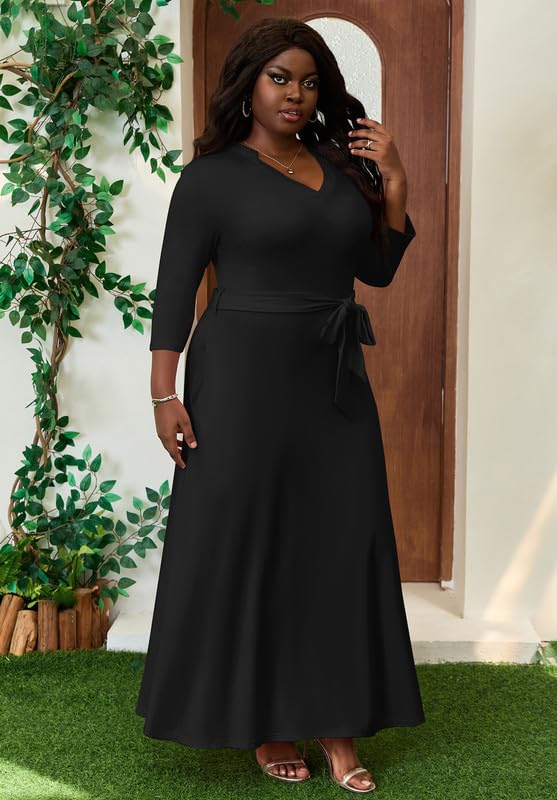 Elegant Church Maxi Dresses for Women Plus Size V-Neck 3/4 Sleeve Casual Fall Dress with Pockets4