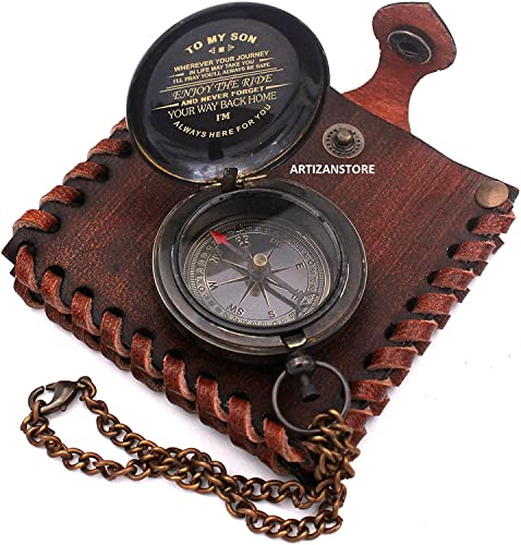 Brújula de latón con botón y funda de cuero portátil miniatura 2