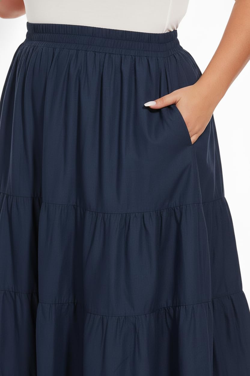 Beautybatik Women Cotton Plus Size Boho Gypsy Summer High Elastic Waisted A Line Long Maxi Tiered Skirt with Pockets