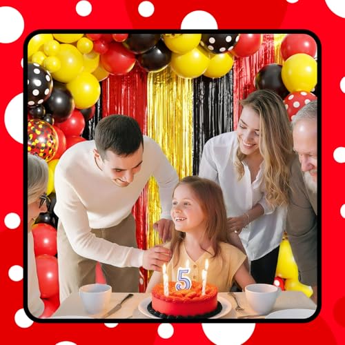 Image of Red Yellow Black Balloon Garland Arch Kit Birthday Party Decorations, Cartoon Themed Foil Fringe Curtains Backdrop Tinsel Streamer Photo Booth Props for Christmas New Years Party Decor Supplies