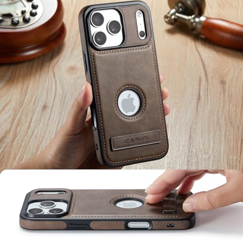 Image of Casus Designed for iPhone 17 Pro Case Compatible with MagSafe Leather Slim Logo View Luxury Elegant Thin Cover with Tempered Glass Screen Protector (2024) 6.3 inch - Grey