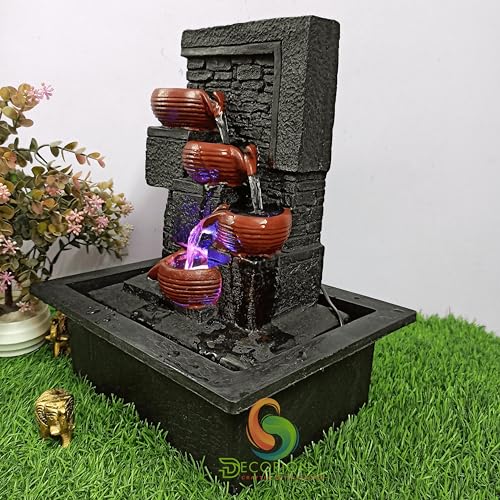 Image of Decorative Table Top Water Fountain for Home Decor /Office /Indoor & Outdoor /Garden /Puja Room /Vaastu with Multicolor LED Light and Adjustable Water Pump (Brown Diya)