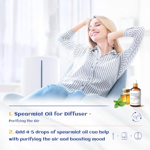 Image of HIQILI Spearmint Essential Oil for Diffuser, Skin & Hair Care | Includes 10ml Travel Bottle, Refreshing Minty Aroma for DIY Lotions, Creams & Aromatherapy - 100ml / 3.38 fl oz