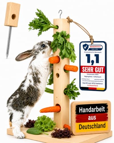 Nagergaleria® Futterbaum Kaninchen Meerschweinchen mit Bodenplatte aus Holz und Erdspieß fürs Freigehege Hasen | Heuraufe Kaninchen