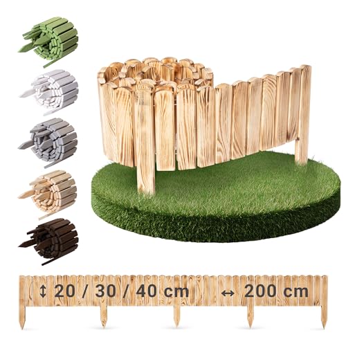 BOOGARDI Beeteinfassung Holz · Rasenkante in 18 Designs · Gebrannt 40 cm hoch x 200 cm lang · Beetbegrenzung Steckzaun Beetumrandung Rollzaun Beet Zaun Holzzaun Garten