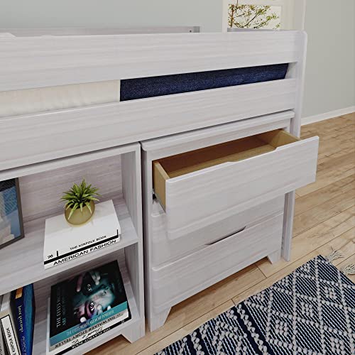 Max & Lily Modern Farmhouse Low Loft Bed, Twin Bed Frame For Kids With 3-Drawer Dresser, 2-Shelf Bookcase And Hook-On Desk, White Wash #TOP3
