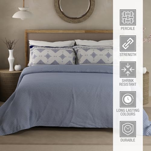 Image of BOUTIQUE LIVING Heritage Walk 100% Egyptian Cotton 200 TC Blue Ethnic Print King Bedsheet with 2 Pillow Covers