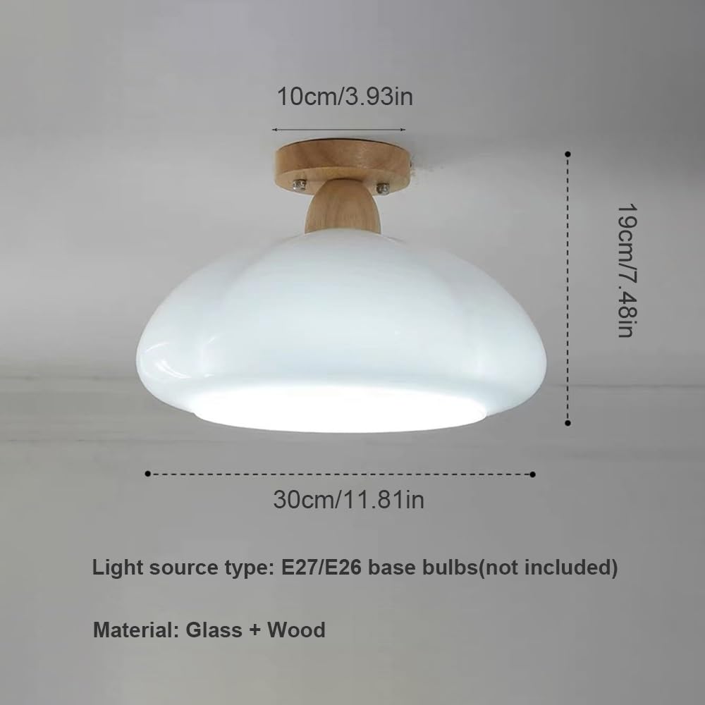 Lampy Sufitowa Szklana Styl Mid Century z Podstawą Drewnianą, Plafon Mała Forma Dynia Kopuła Oświetlenie Sufitowe do Przedpokój(White)