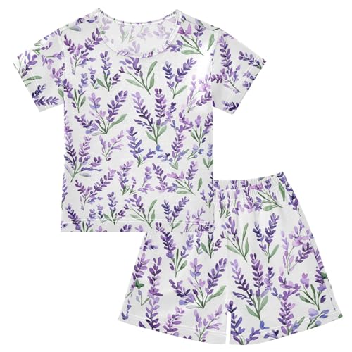 Vdsrup Watercolor Lavender Summer Pajamas Set Short Cotton Purple Sleepwear 2 Piece Unisex 5Y