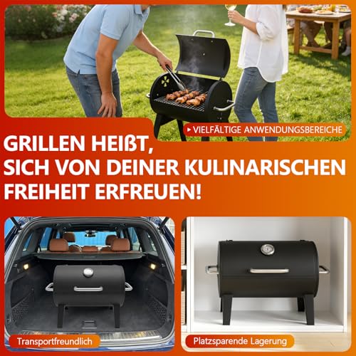 kisidus Holzkohlegrill mit integriertem Thermometer, Barrel-Design, Campinggrill Kohle BBQ Grills, Grillrost 43x32 cm, Schwarz