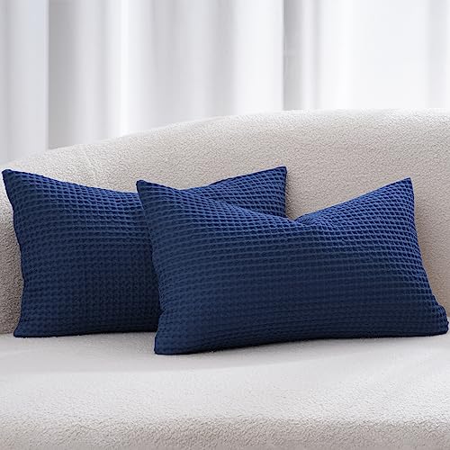 Phf 100% Cotton Waffle Weave Lumbar Pillow Cover 12" X 20", No Insert, 2 Pack Elegant Home Decorative Rectangle Throw Pillow Covers For Bed Couch Sofa, Navy Blue #TOP10