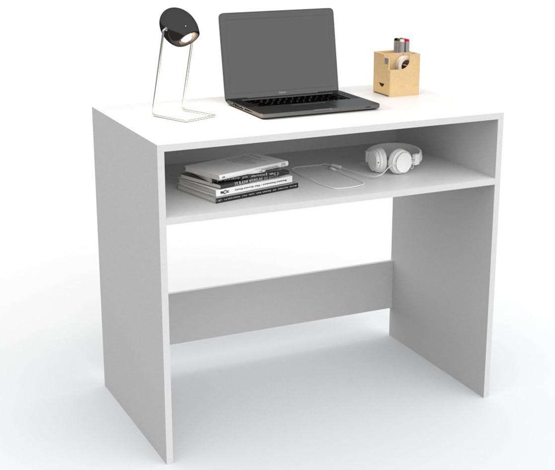 Escritorio Estudio con balda, Mesa de Ordenador, Mesa Juvenil 90cm (Blanco)