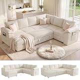 108 Inch Sectional Sleeper Sofa Bed with Pull Out Couch, U Shaped 7 Seat Cloud Modular Sectional Sofa with Storage, Corduroy Sectional Couches for Living Room, Removable Sofa Cover, Beige
