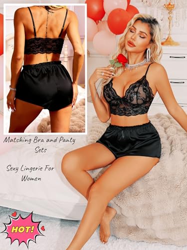 Rigeri Lingerie For Women Sheer Mesh Cute Sexy Pajamas For Women Silky Quad Shorts Sexy Nightgown Bra And Panty Sets For Womens Negligee 2 Piece Set For Womens Black S — view 4