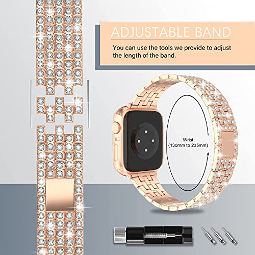 Image of QVLANG Compatible for Apple Watch Band 38mm Series 3 /2 /1, Diamond Rhinestone Case + Women Bling Band Stainless Steel Metal Bracelet for iWatch (Rose Gold, 38mm)