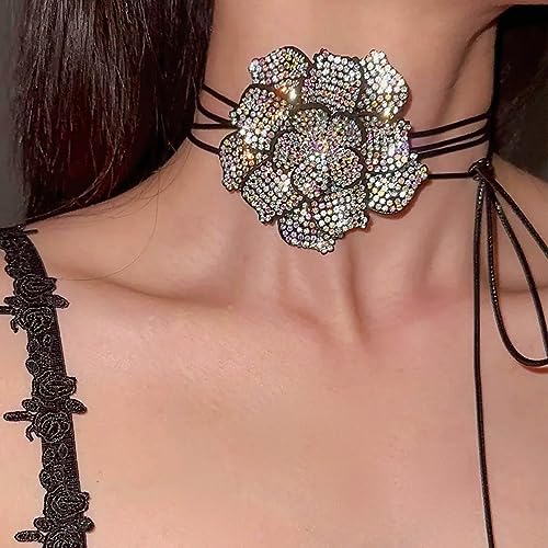 Big Flower Choker Necklaces Rhinestone Flower Choker Vintage Flower Necklace Choker Tie Floral Necklace Weddings Dances Accessories for Women Jewelry Necklace4