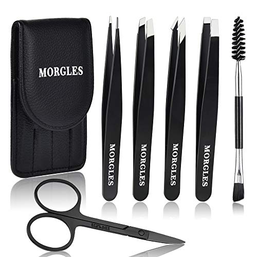 Tweezers Set,Morgles 6 Pcs Professional Stainless Steel Tweezers for Eyebrows with Curved Scissors,Brush-Best Precision Eyebrow Tweezers Ingrown Hair Removal Tool with Leather Case (Black)