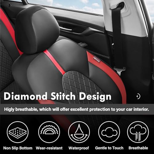Image of Coverado Red Car Seat Covers Full Set, Waterproof Front Seats Back Seat Cover, Leather Car Seat Cushion Universal Fit for Most Cars