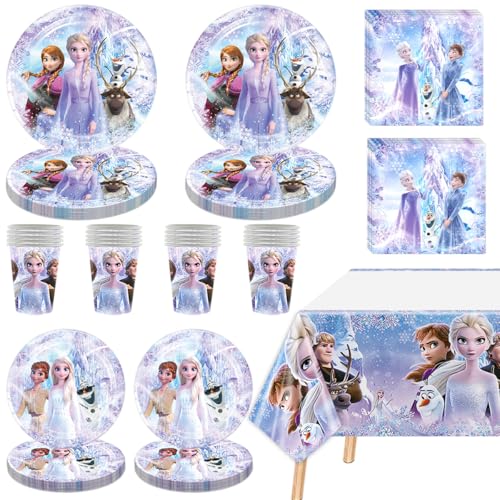82 PCS Frozen Tableware Sets Frozen Paper Plates and Napkins Set Includes 40 PCS Paper Plates 20 PCS Napkins 20 PCS Cups 2 PCS Tablecloth for Frozen Party Decorations
