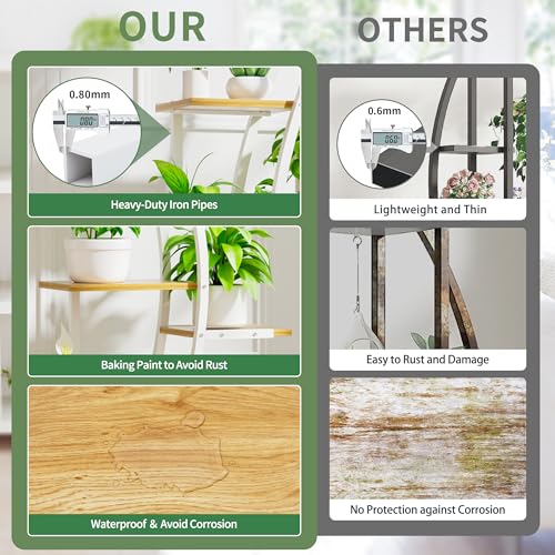 Image of MJOMKN 62 inch Plant Stand Indoor with Grow Lights - 7 Tiered Tall Metal Plant Shelf - Corner Wooden Plant Stand for Indoor Plants Multiple, Large S-Shape Flower Rack Holder for Living Room, Garden, Patio Decor